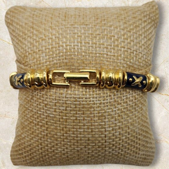 VINTAGE JOAN RIVERS BLUE ENAMEL X and O GOLD TONE BRACELET 7” - Picture 2 of 7